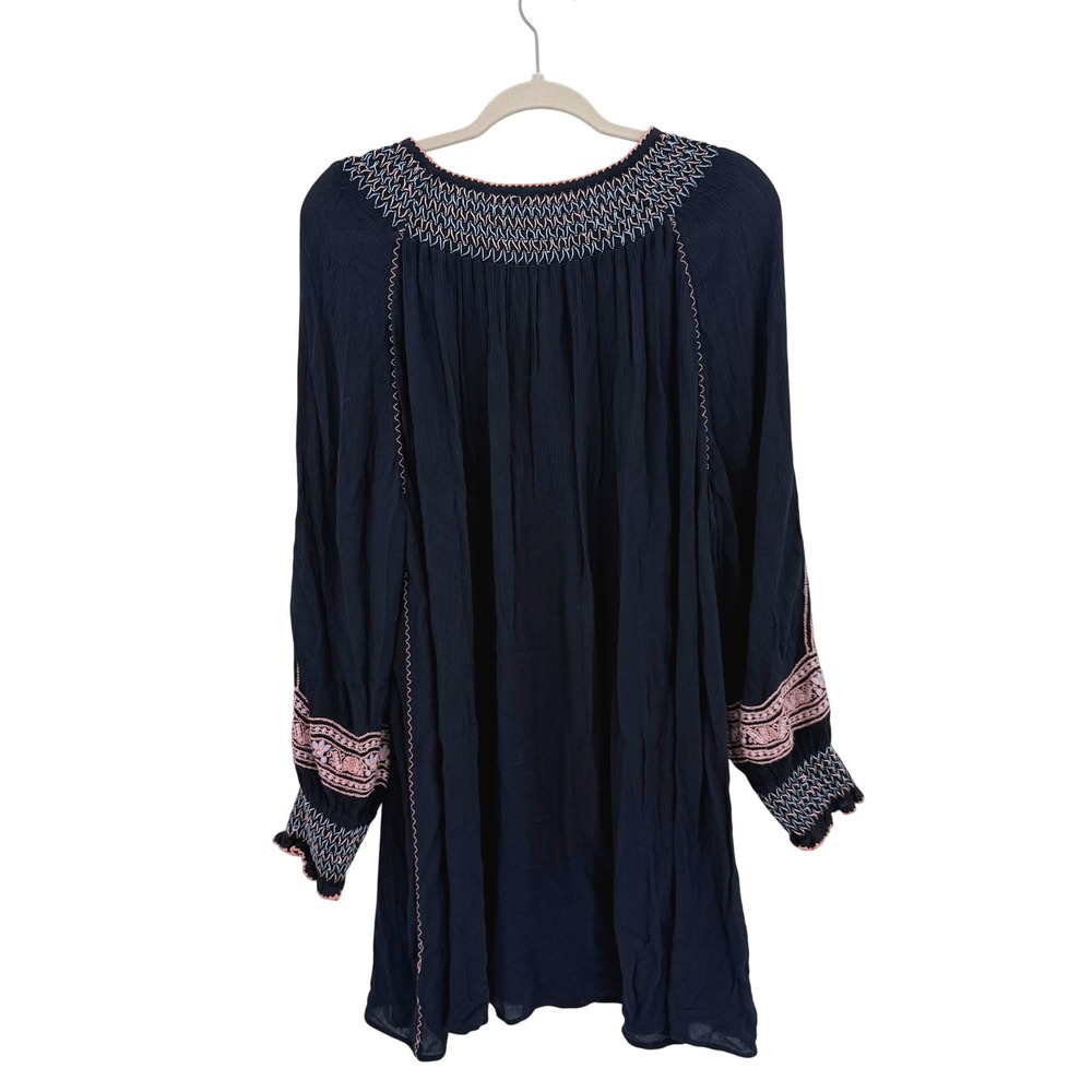 Free People Wind Willow Navy Blue Embroidered Tassel Peasant Tunic Top Small - Picture 2 of 6